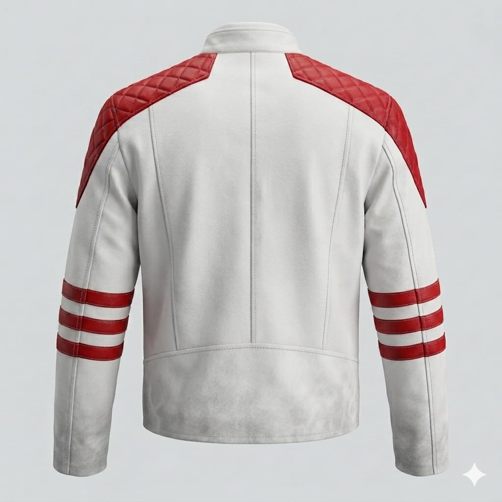 Men's White & Red Quilted Premium Original Leather Biker Jacket