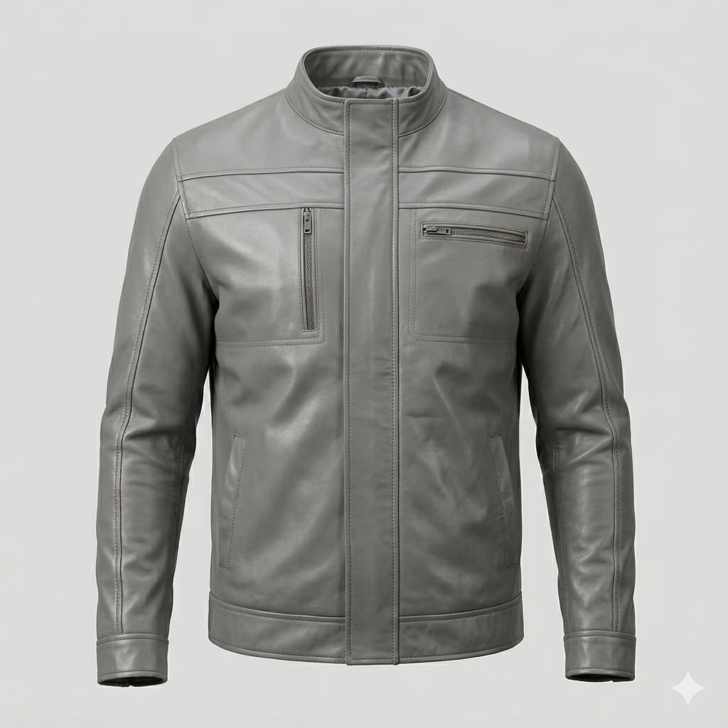 Men's Grey Moto-Collar Premium Original Leather Jacket