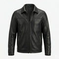 Men's Black Original Leather Harrington Jacket with Spread Collar