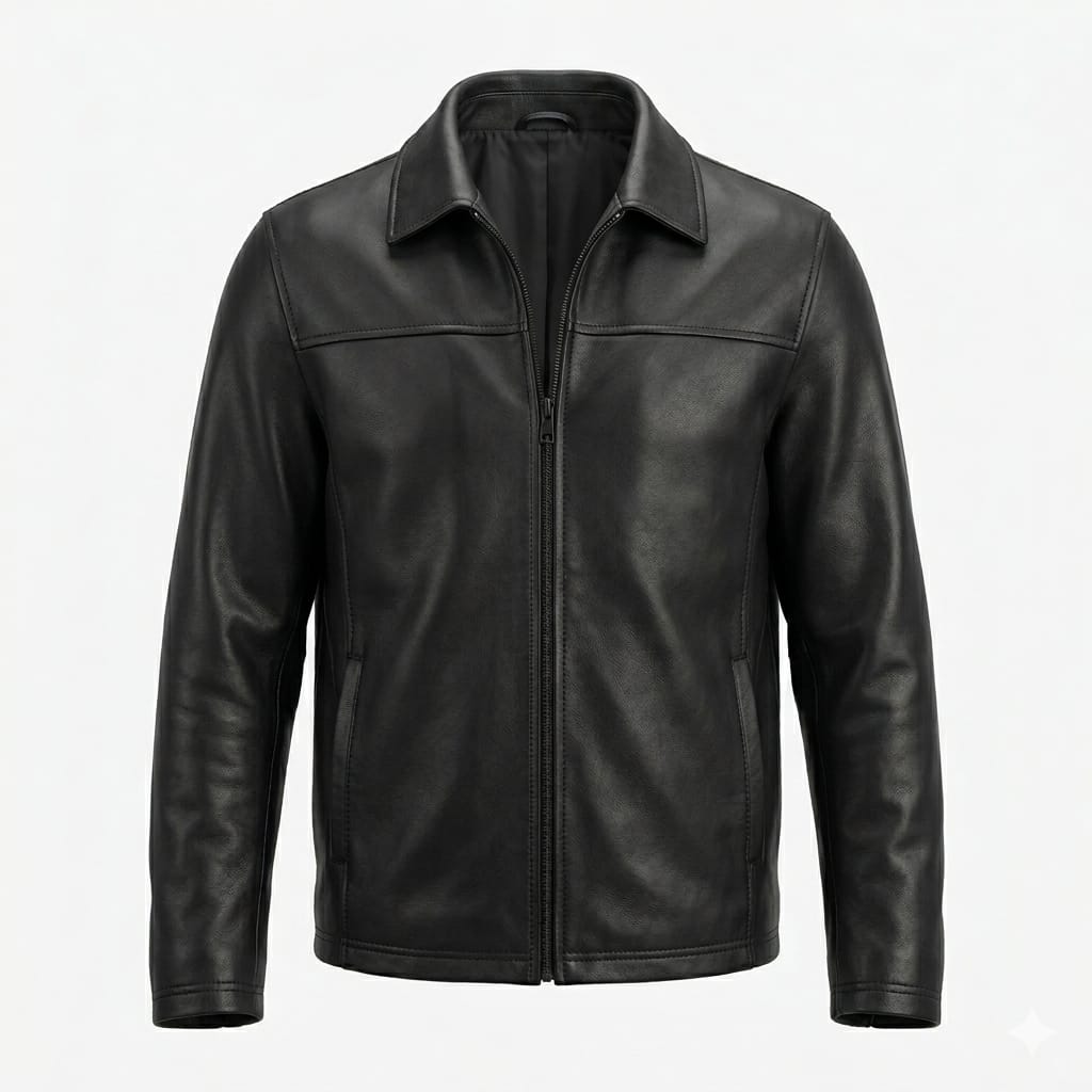 Men's Black Original Leather Harrington Jacket with Spread Collar