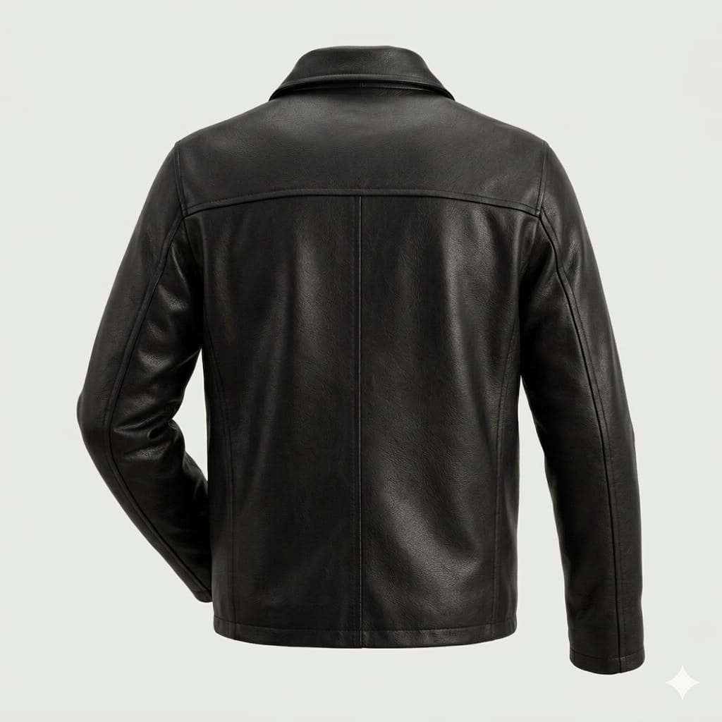 Men's Black Original Leather Harrington Jacket with Spread Collar