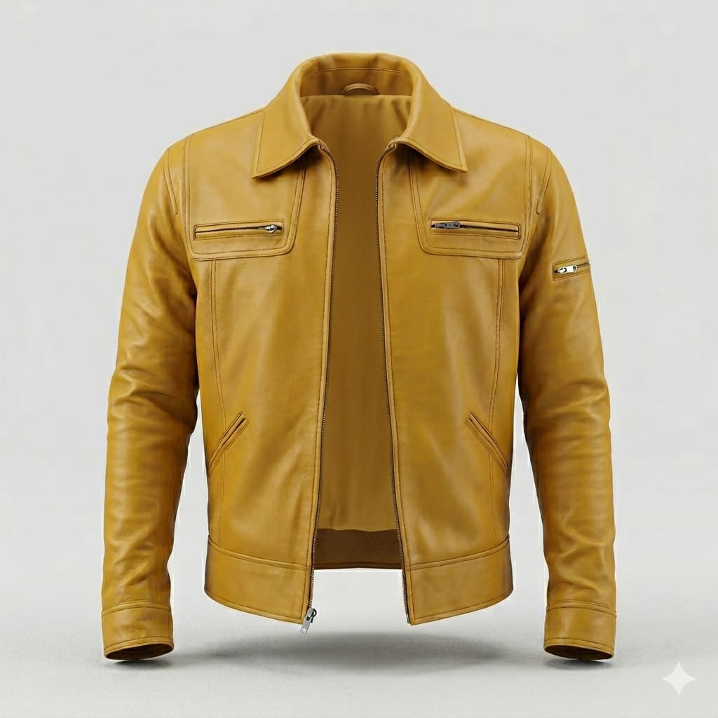 Men's Yellow Original Leather Jacket with Spread Collar