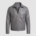 Men's Grey Original Leather Harrington Jacket with Spread Collar