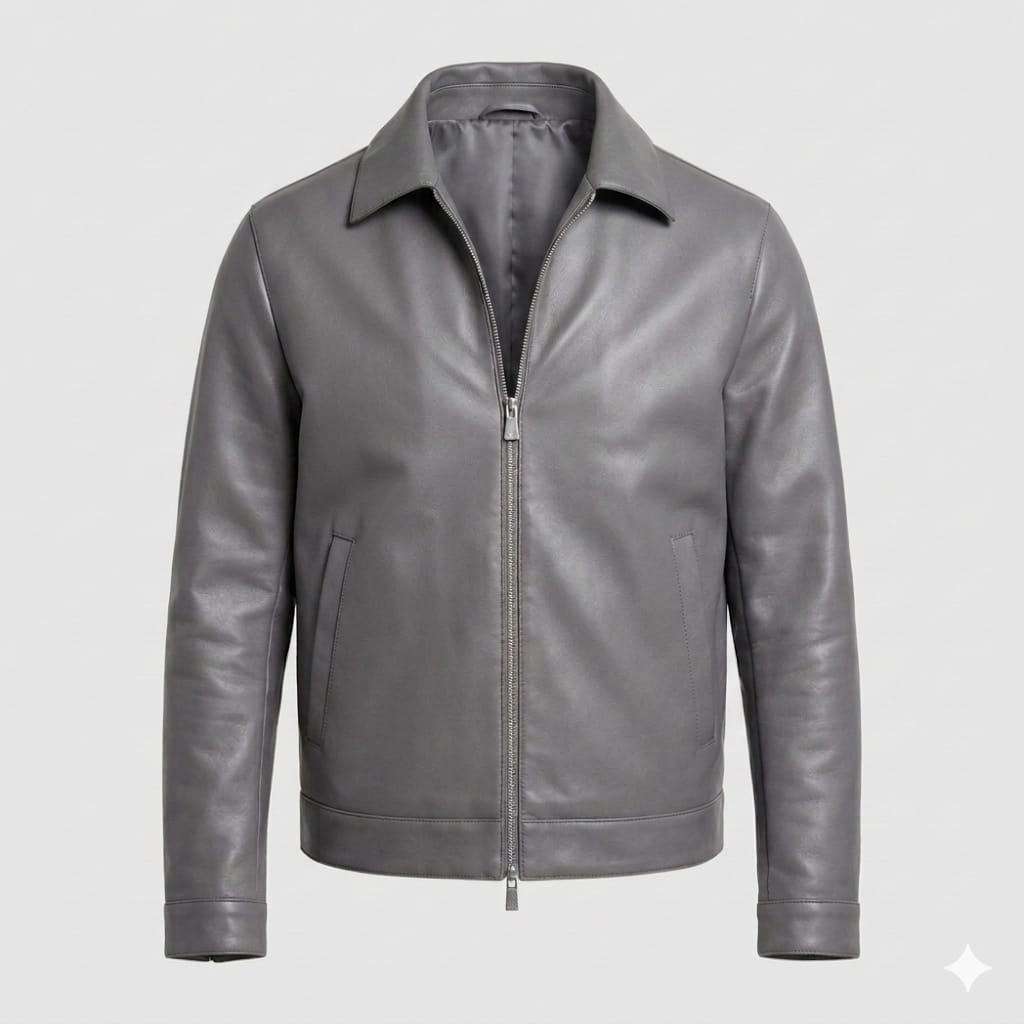 Men's Grey Original Leather Harrington Jacket with Spread Collar