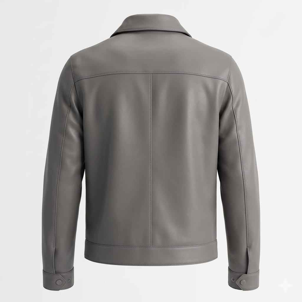 Men's Grey Original Leather Harrington Jacket with Spread Collar