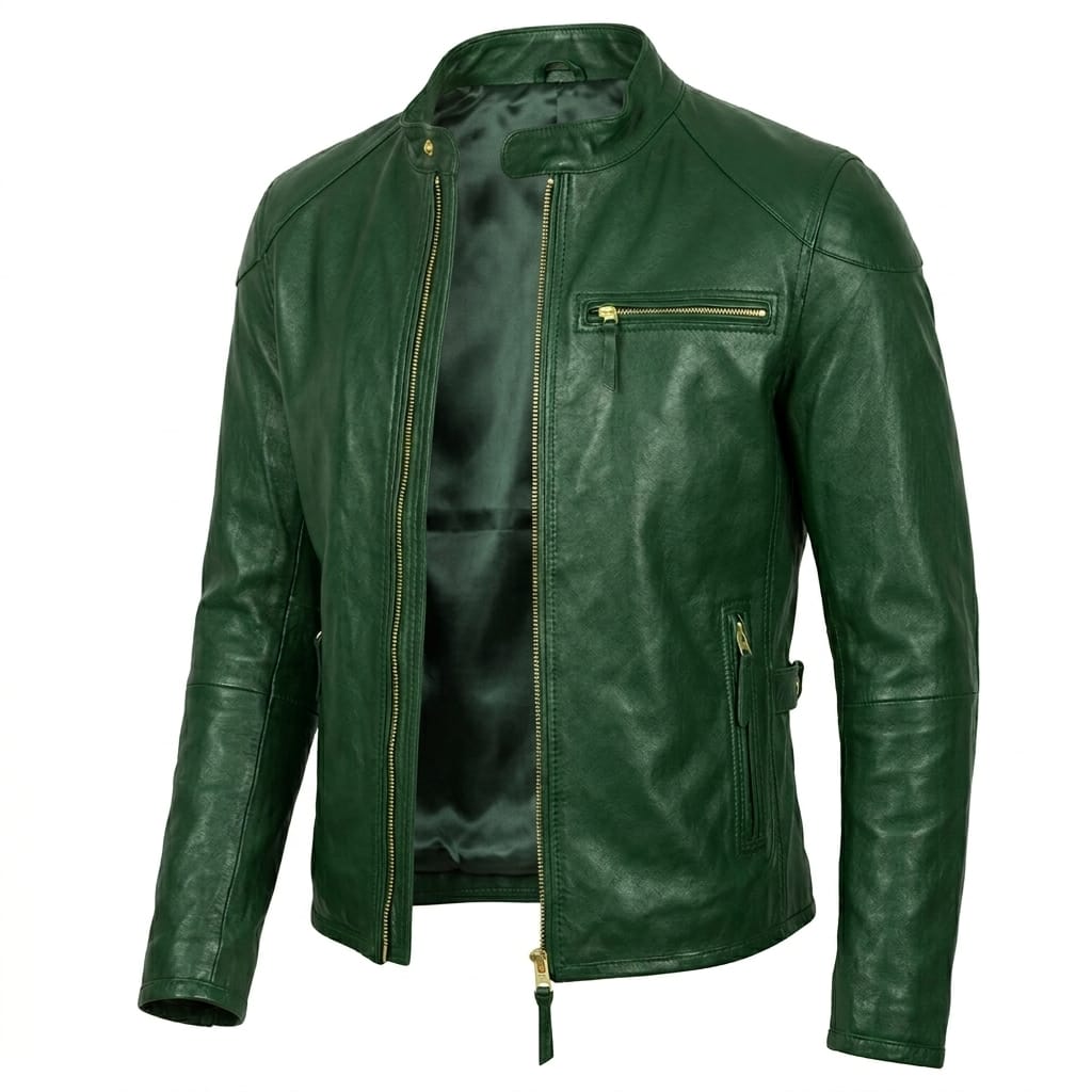 Men's Green Original Leather Biker Premium Jacket with Gold Zips