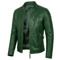 Men's Green Original Leather Biker Premium Jacket with Gold Zips