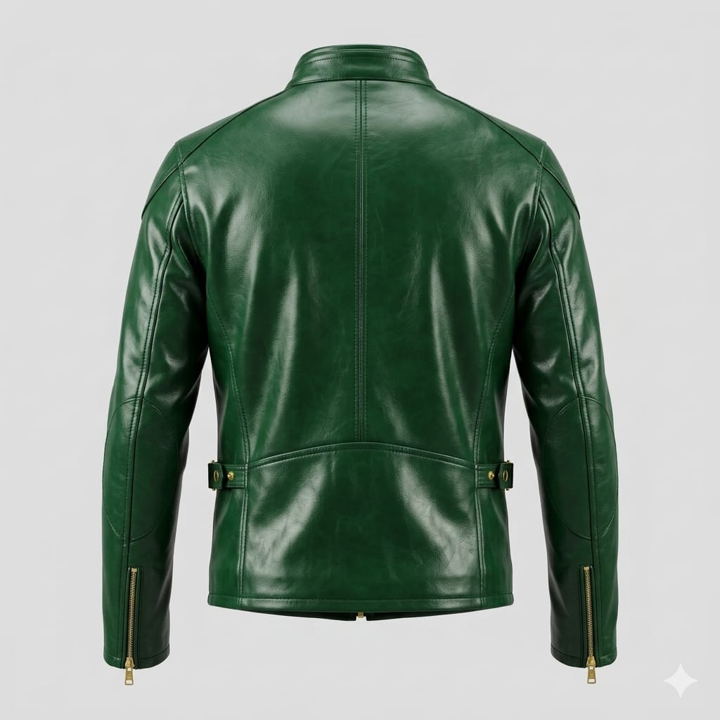 Men's Green Original Leather Biker Premium Jacket with Gold Zips