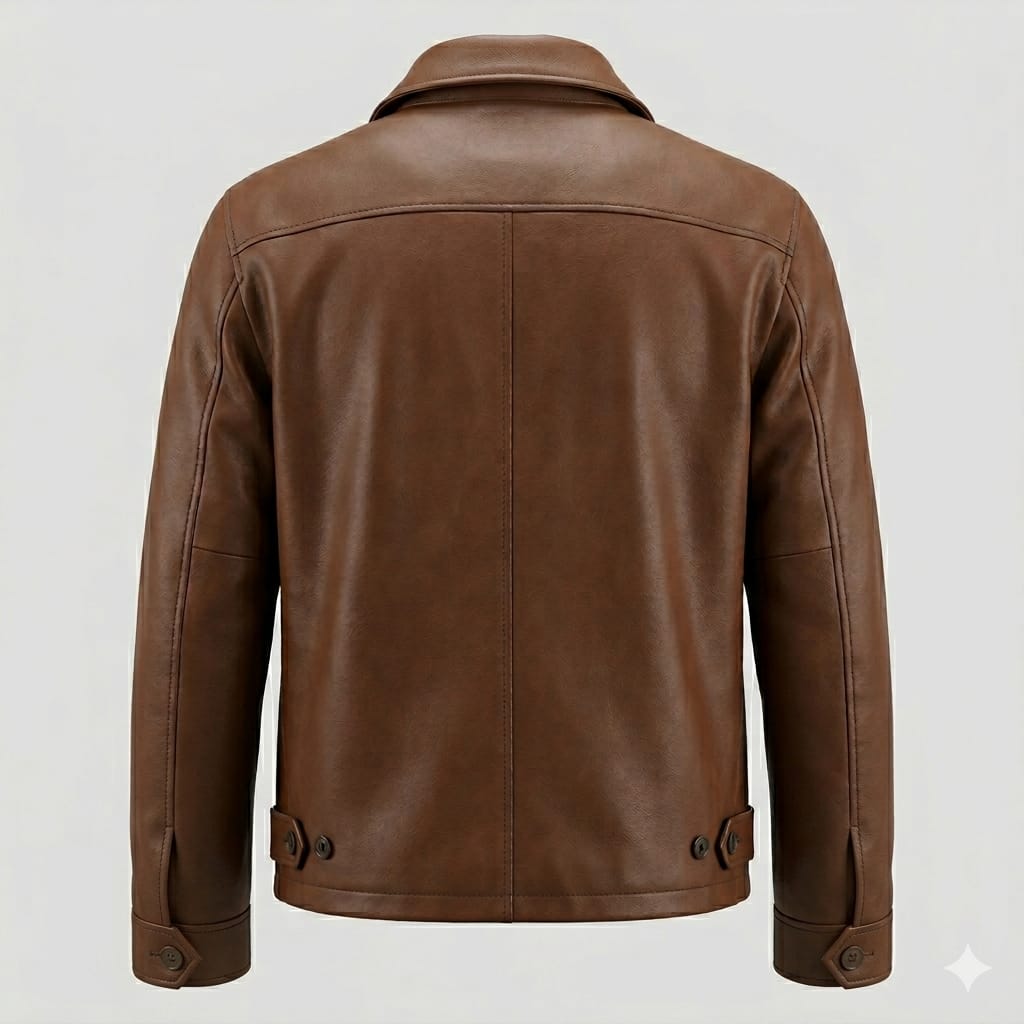 Men's Premium Brown Original Leather Harrington Jacket with Spread Collar