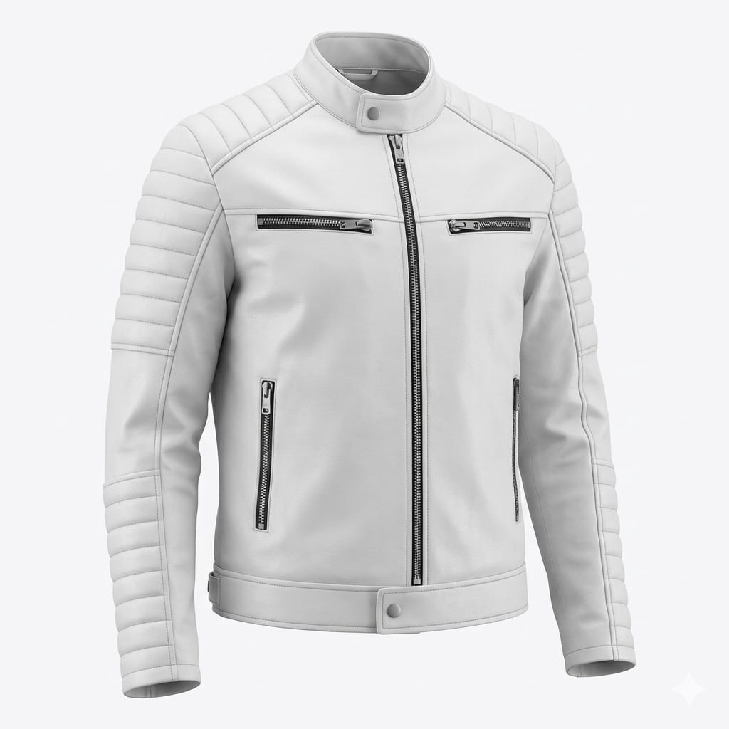 Men's White Premium Original Leather Biker Jacket with Black Zips