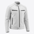 Men's White Premium Original Leather Biker Jacket with Black Zips