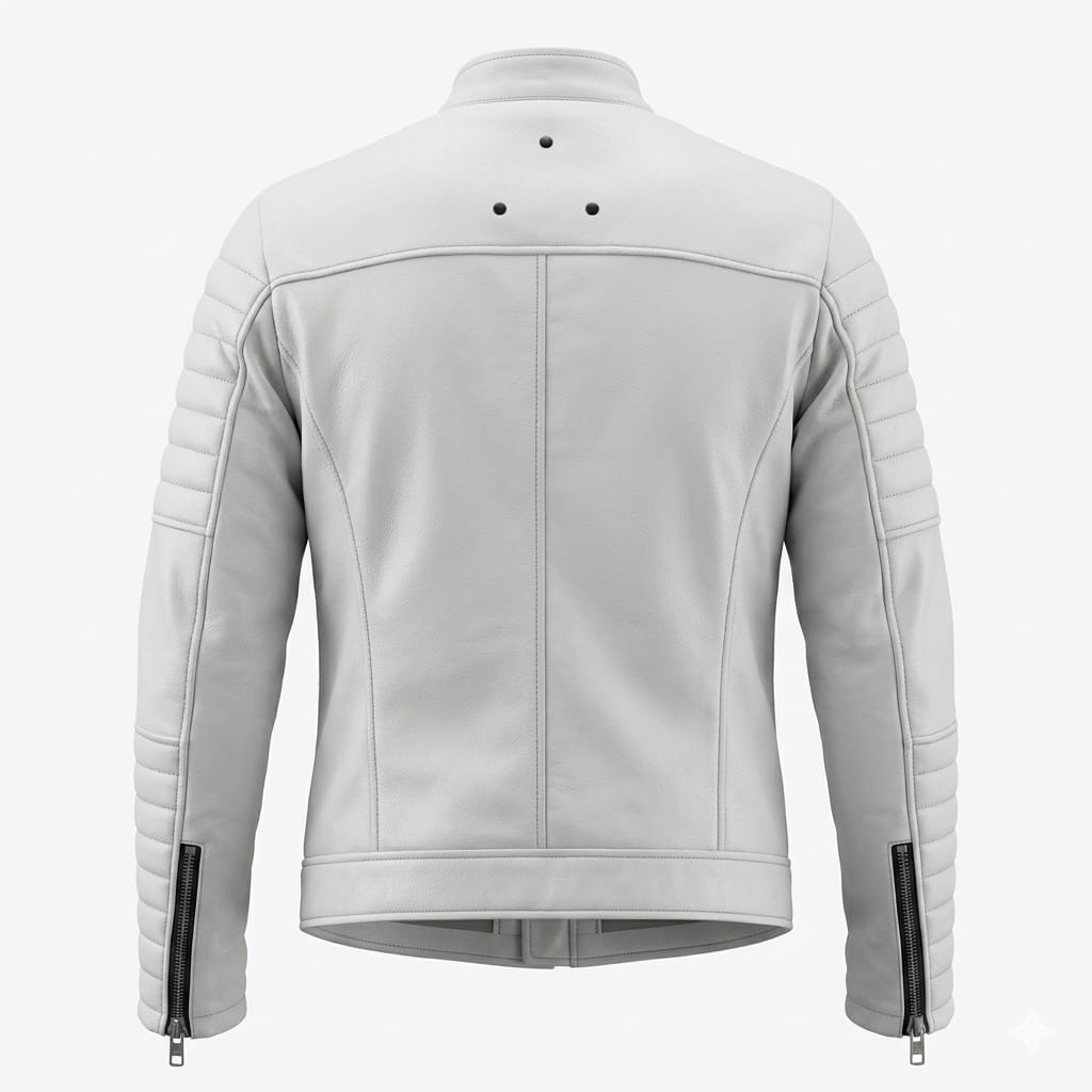 Men's White Premium Original Leather Biker Jacket with Black Zips