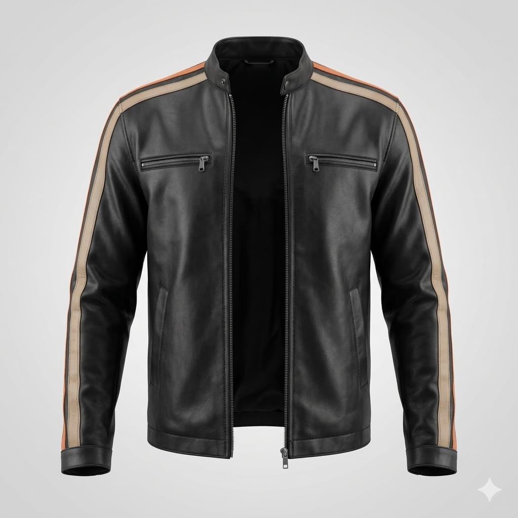 Men's Black Racing Stripe Racer Leather Jacket – Tan & Orange Full-Grain Handcrafted