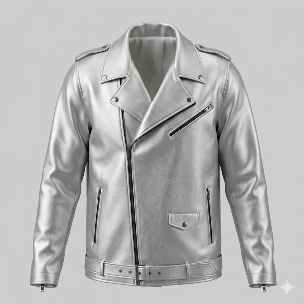 Men's Premium Silver Metallic Biker Original Leather Jacket – Asymmetric Zip Handcrafted