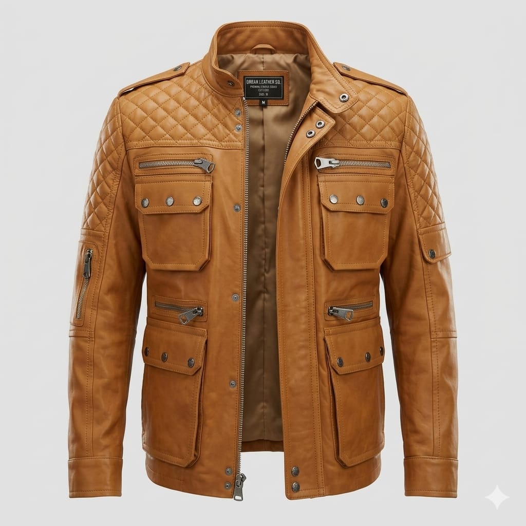 Men's Tan Quilted Multi-Pocket Premium Leather Original Field Jacket