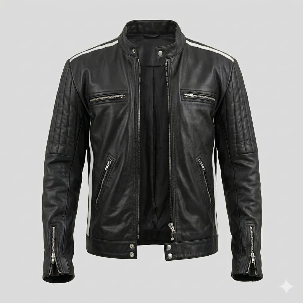 Men's Black Leather Moto Jacket – White Stripe & Quilted Shoulders Handcrafted Full-Grain