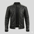 Men's Black Leather Moto Jacket – White Stripe & Quilted Shoulders Handcrafted Full-Grain