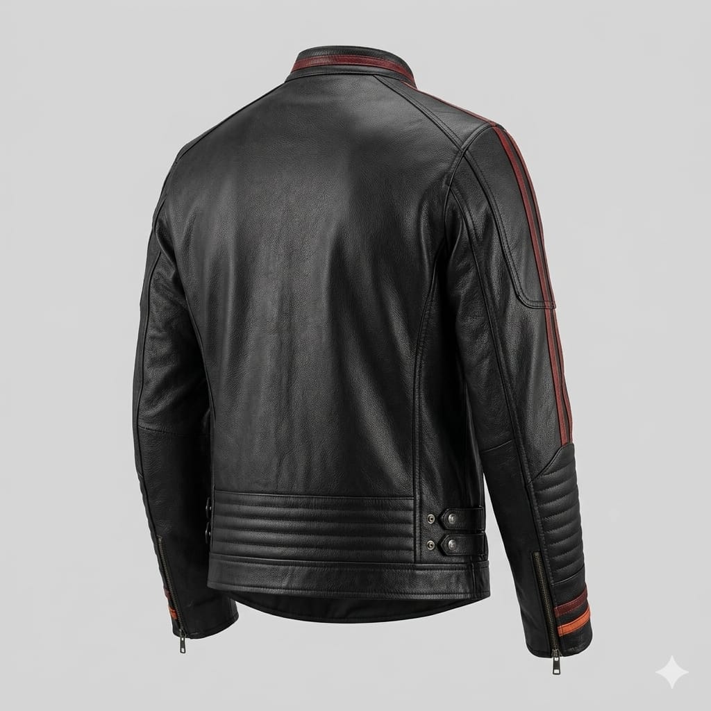 Men's Black Original Leather Premium Racer Jacket – Orange Stripe Detail Handcrafted Full-Grain