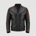 Men's Black Original Leather Premium Racer Jacket – Orange Stripe Detail Handcrafted Full-Grain