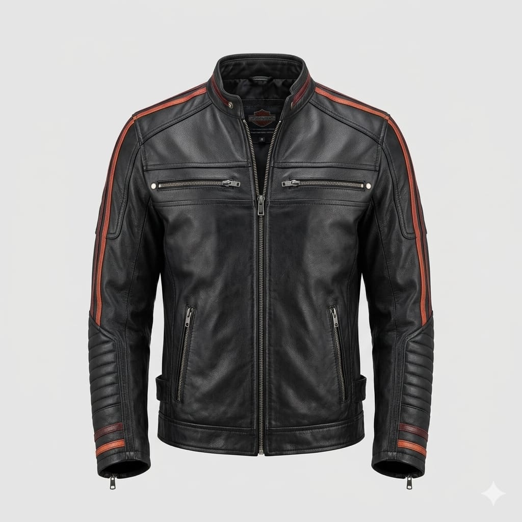 Men's Black Original Leather Premium Racer Jacket – Orange Stripe Detail Handcrafted Full-Grain