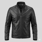 Men's Black Original Leather Stand Collar Jacket – Panelled Handcrafted Full-Grain – leather jacket, front view – Kamercio