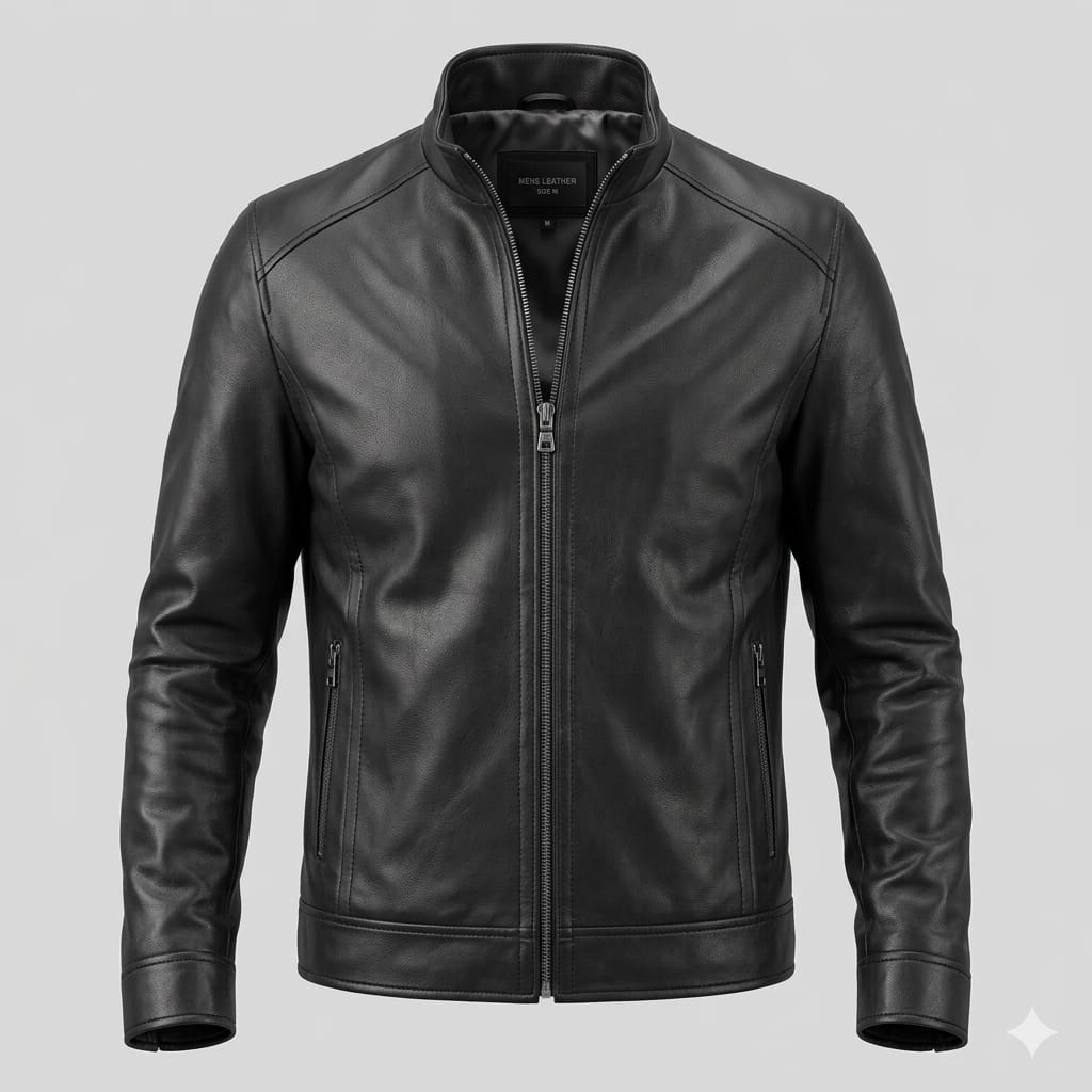 Men's Black Original Leather Stand Collar Jacket – Panelled Handcrafted Full-Grain