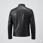 Men's Black Original Leather Stand Collar Jacket – Panelled Handcrafted Full-Grain – leather jacket, back view – Kamercio