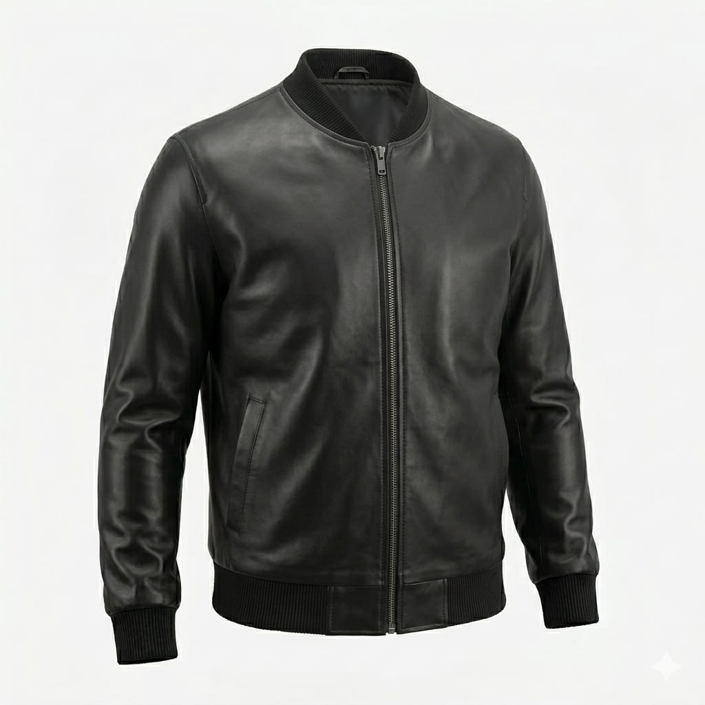 Men's Black Original Leather Premium Slim-Fit Bomber Jacket – Handcrafted Full-Grain
