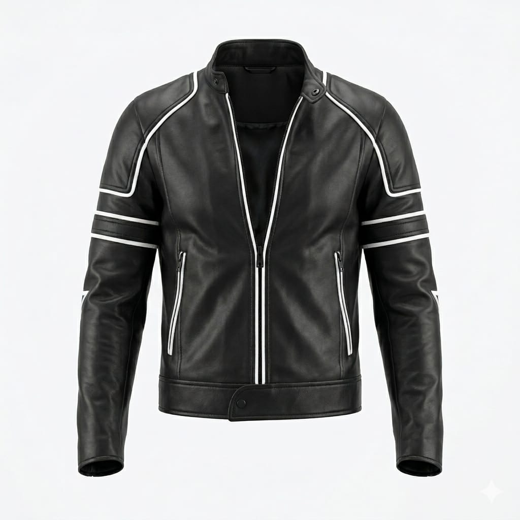 Men's Black Premium Original Leather Racer Jacket – White Stripe Detail Handcrafted Full-Grain