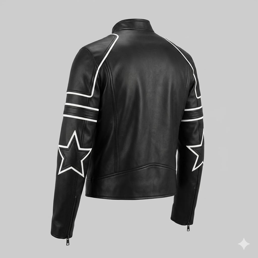 Men's Black Premium Original Leather Racer Jacket – White Stripe Detail Handcrafted Full-Grain