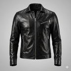Men's Black Leather Café Racer Jacket – Handcrafted Full-Grain – bomber jacket, front view – Kamercio