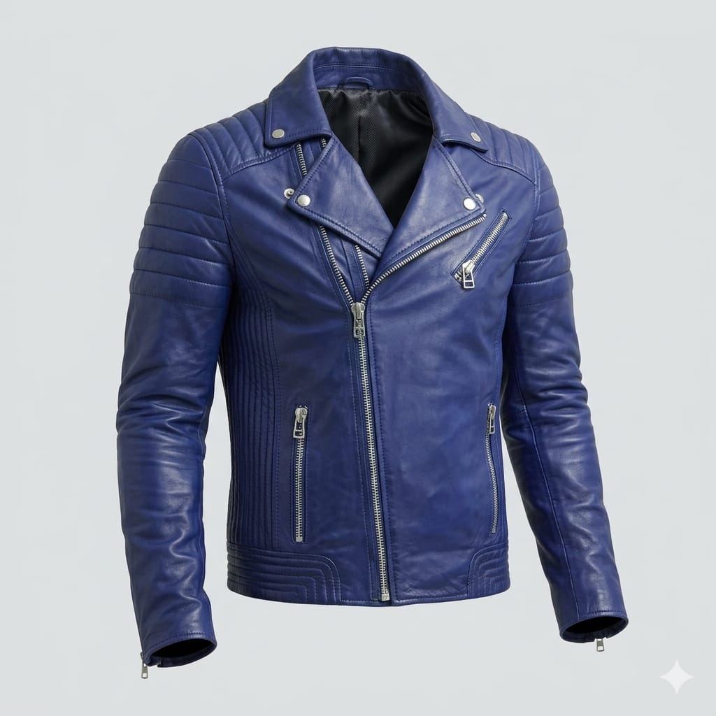 Men's Blue Original Leather Biker Jacket – Handcrafted Full-Grain