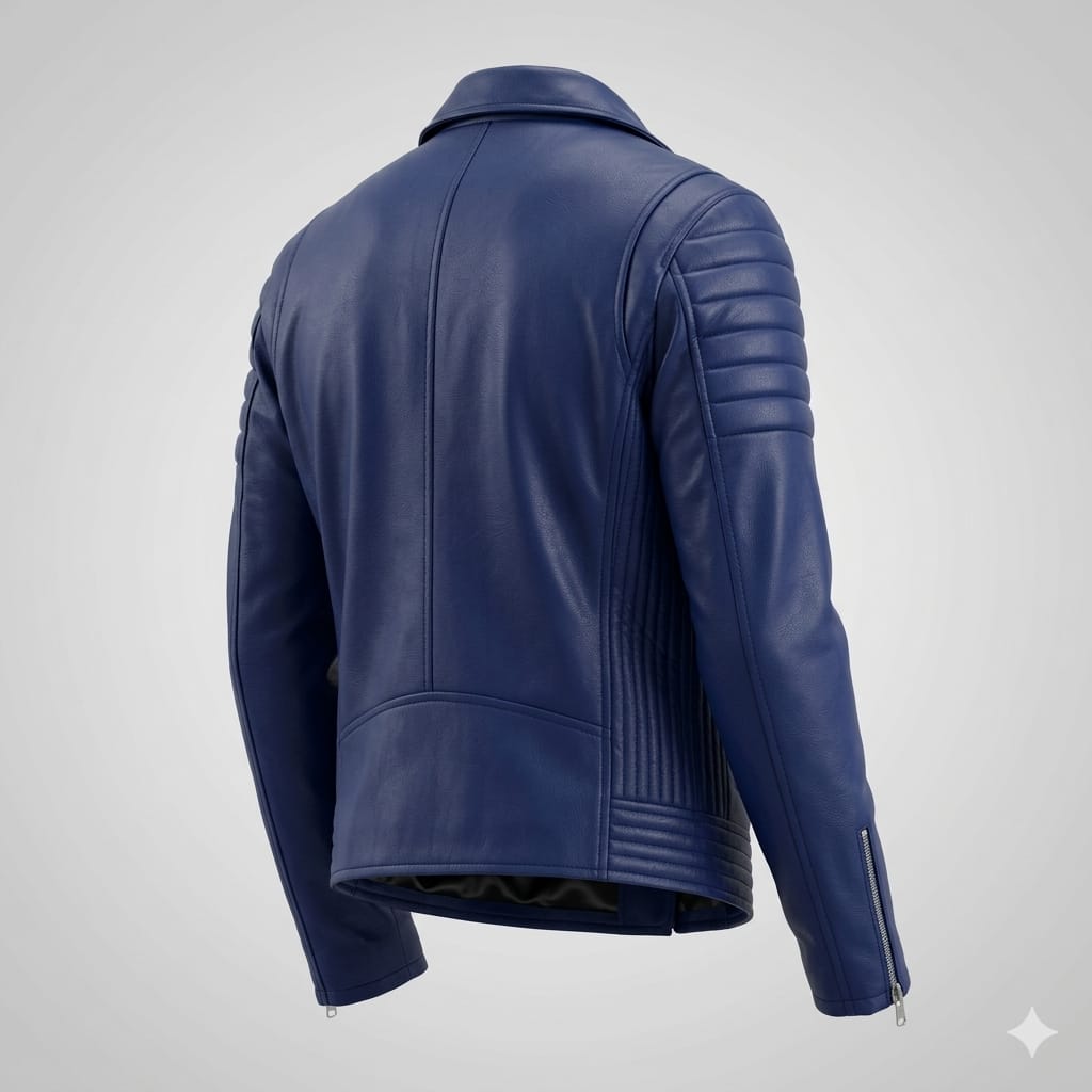Men's Blue Original Leather Biker Jacket – Handcrafted Full-Grain