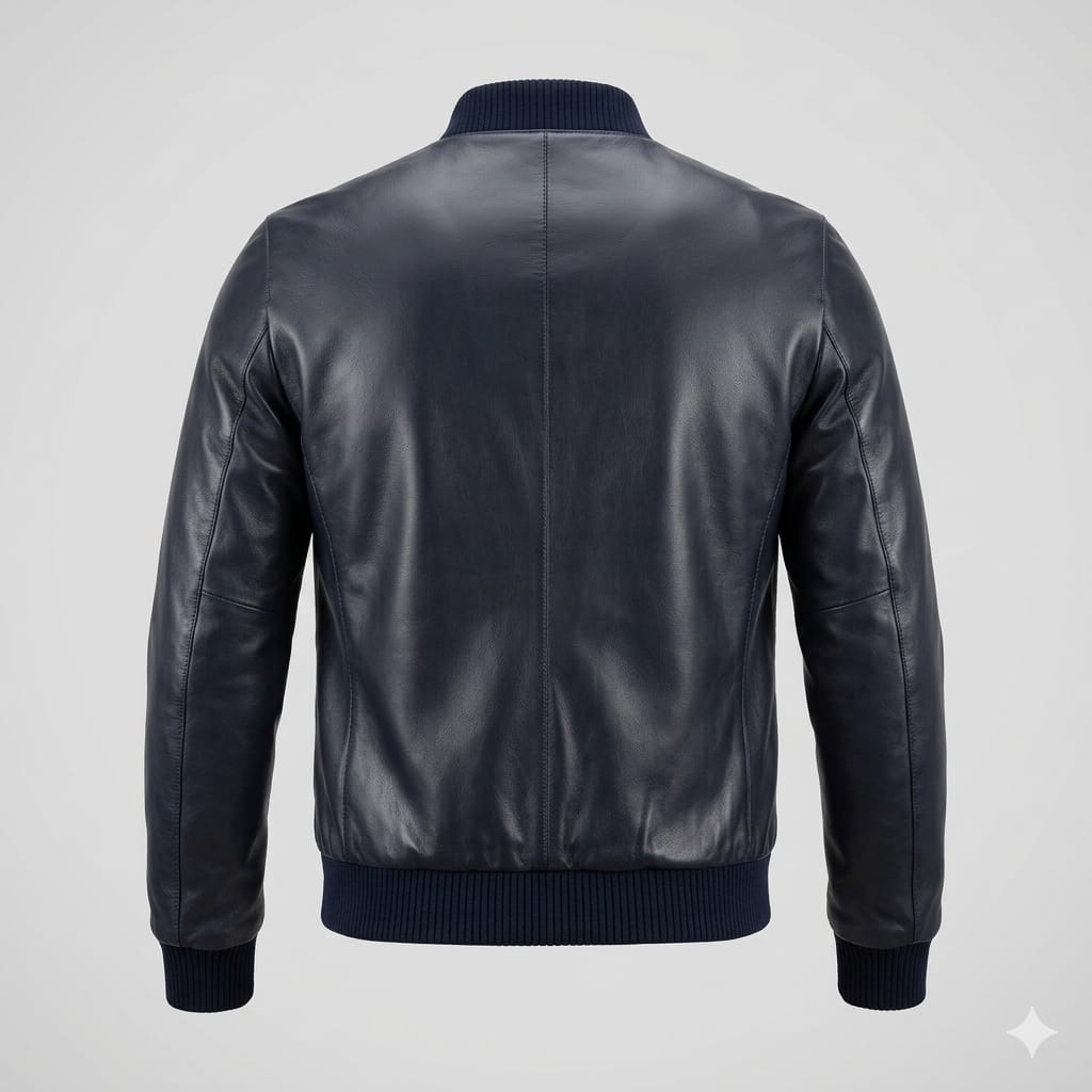Men's Navy Blue Original Leather Bomber Jacket – Full-Grain Leather