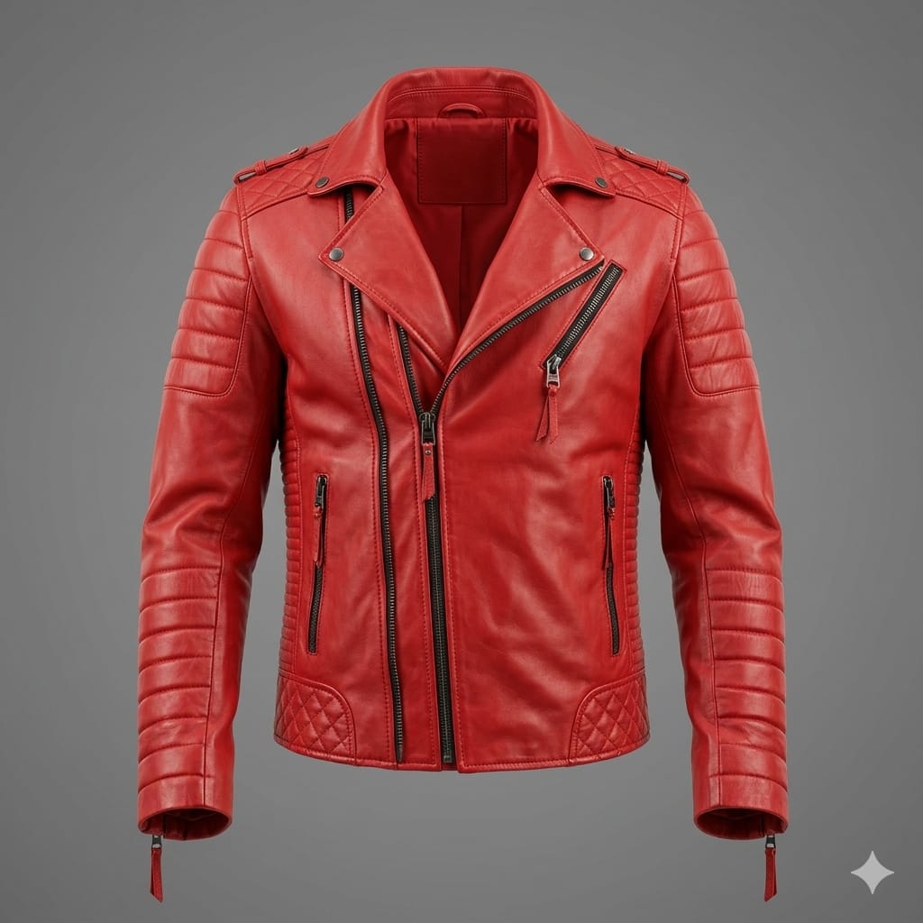 Men's Red Original Leather Biker Jacket - Premium Full-Grain Quilted Moto with Diamond Panels