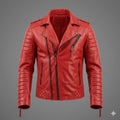 Men's Red Original Leather Biker Jacket - Premium Full-Grain Quilted Moto with Diamond Panels