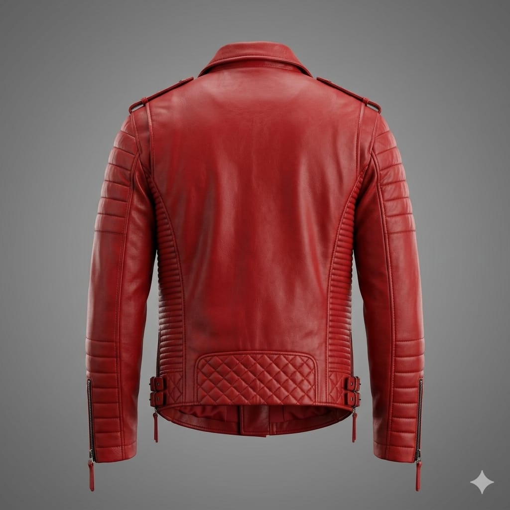 Men's Red Original Leather Biker Jacket - Premium Full-Grain Quilted Moto with Diamond Panels