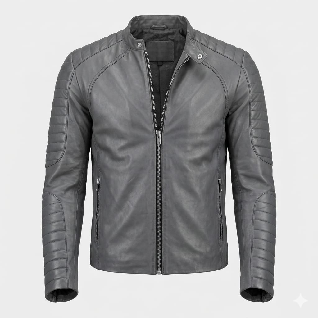 Men's Grey Leather Racer Jacket - Premium Full-Grain Quilted Moto Jacket