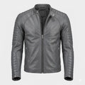 Men's Grey Leather Racer Jacket - Premium Full-Grain Quilted Moto Jacket