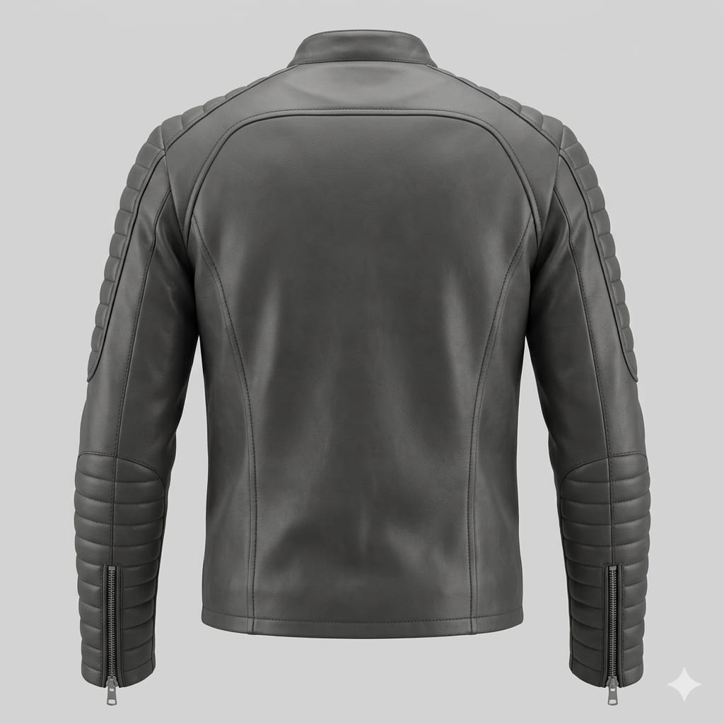 Men's Grey Leather Racer Jacket - Premium Full-Grain Quilted Moto Jacket