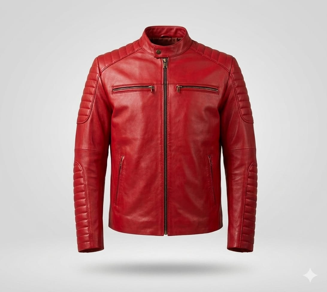 Men's Red Leather Jacket - Premium Full-Grain Quilted Racer Jacket