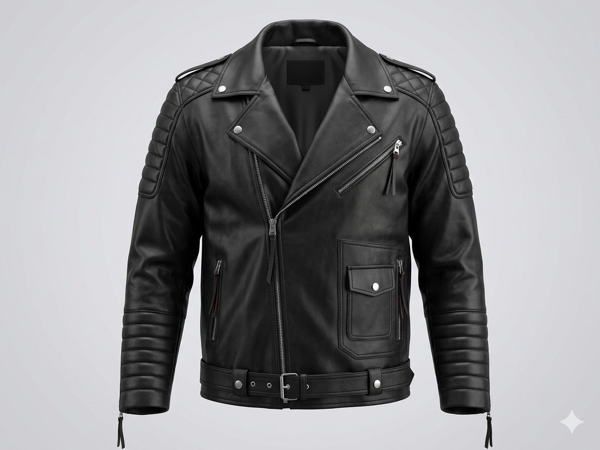 Men's Black Quilted Leather Biker Jacket - Premium Full-Grain Moto Jacket with Diamond Stitching