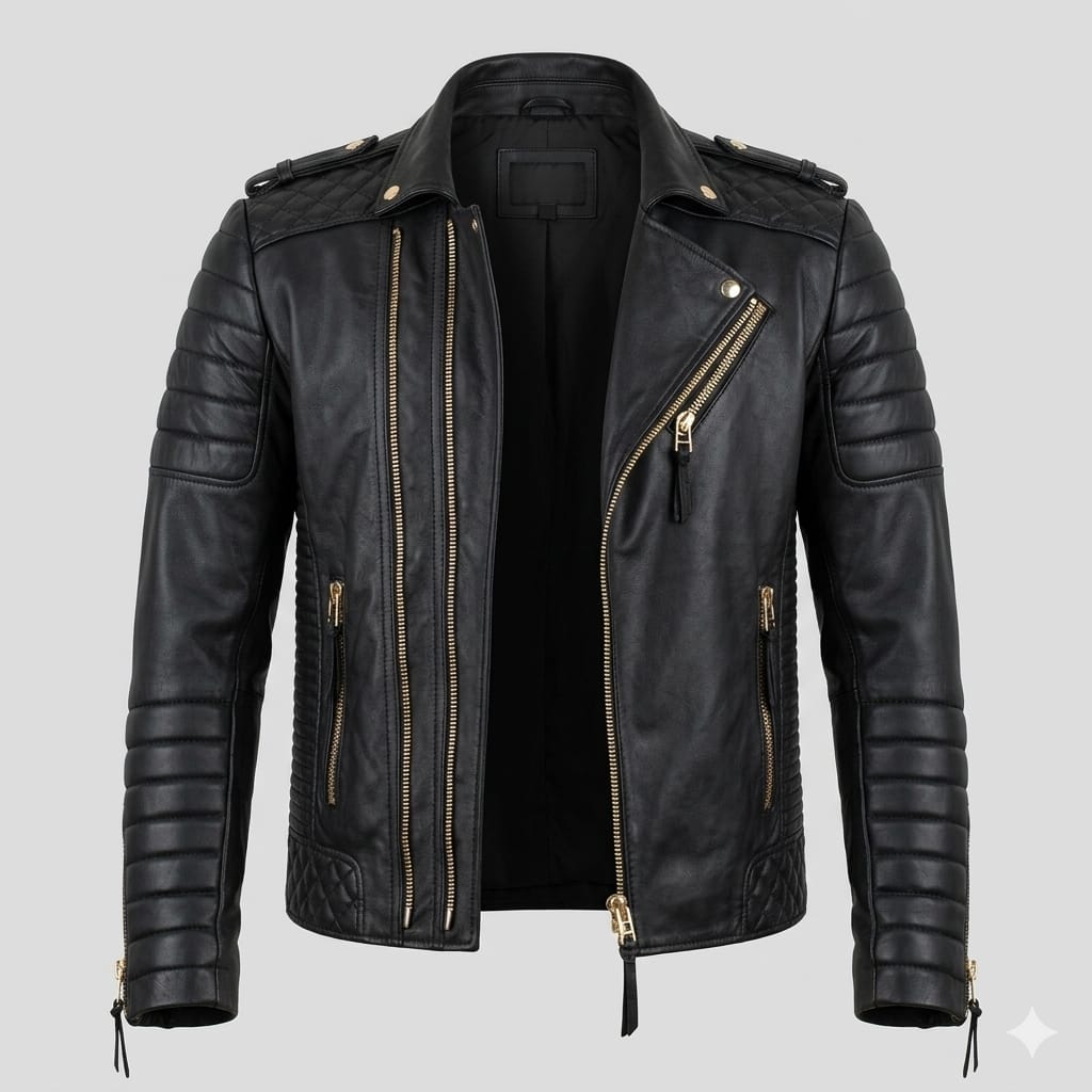 Men's Black Original Leather Biker Jacket - Premium Full-Grain Quilted Moto with Diamond Panels