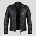 Men's Black Original Leather Biker Jacket - Premium Full-Grain Quilted Moto with Diamond Panels