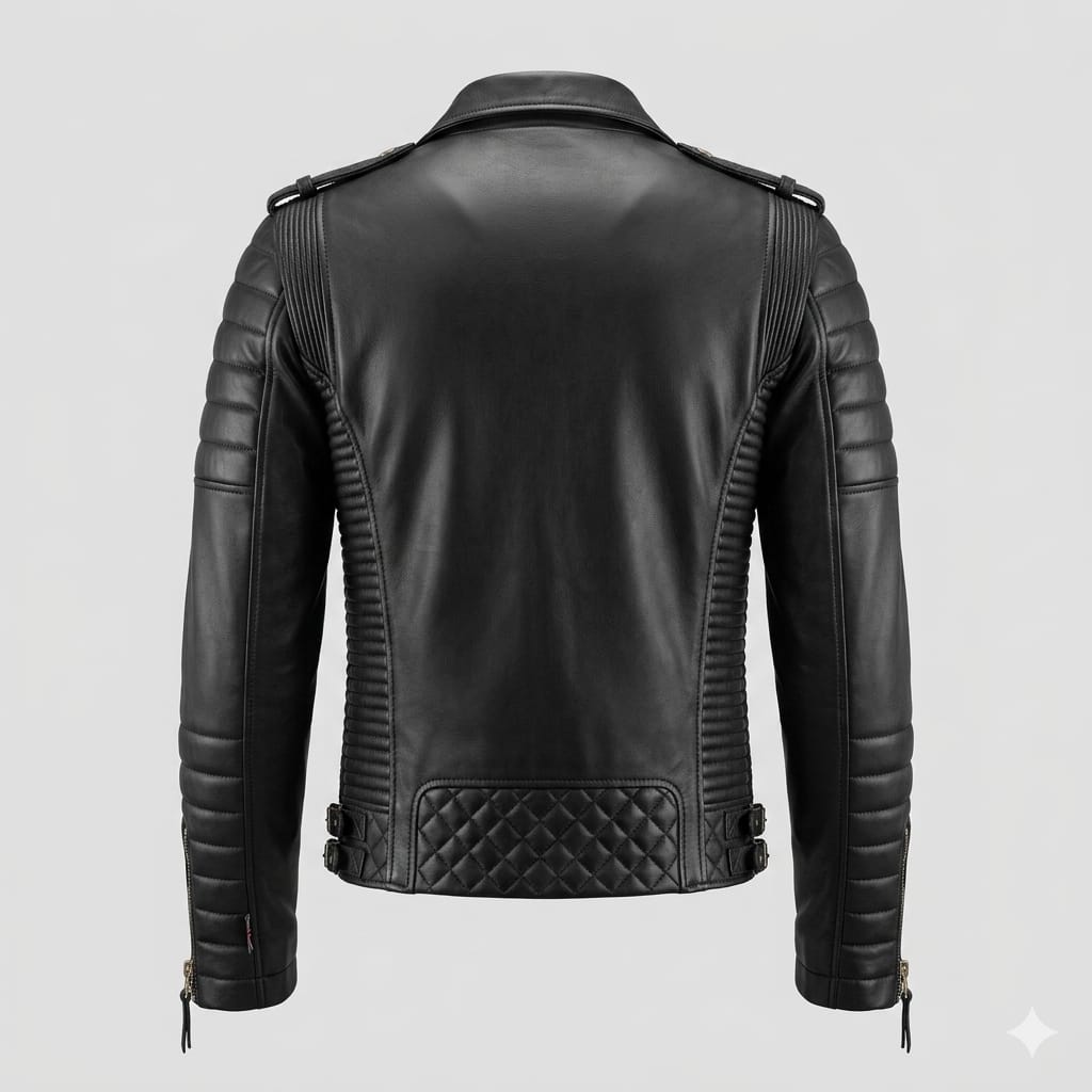 Men's Black Original Leather Biker Jacket - Premium Full-Grain Quilted Moto with Diamond Panels