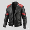 Men's Black Original Leather Biker Jacket with Red Racing Stripes - Premium Double Rider