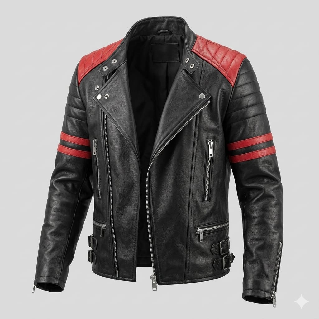 Men's Black Original Leather Biker Jacket with Red Racing Stripes - Premium Double Rider