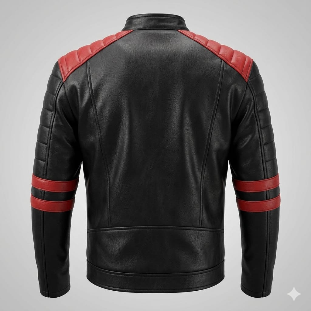 Men's Black Original Leather Biker Jacket with Red Racing Stripes - Premium Double Rider