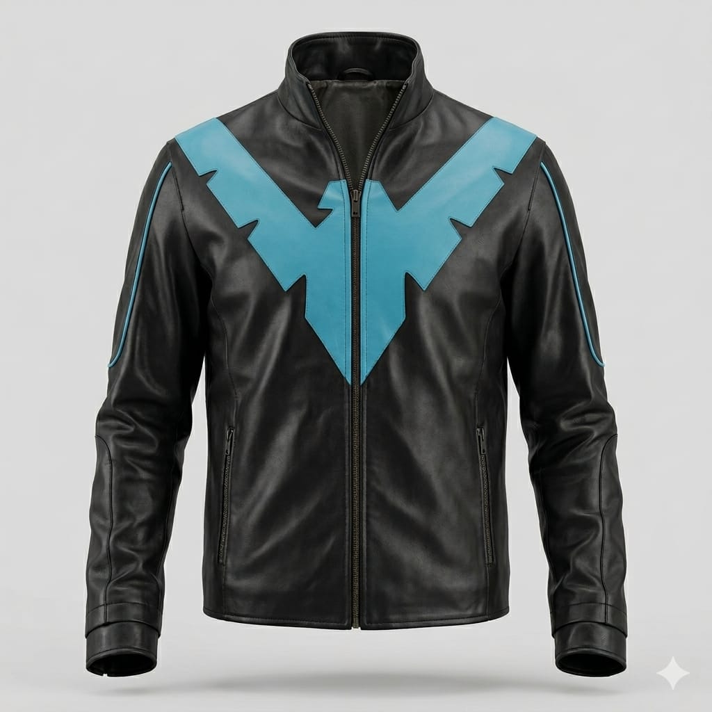 Men's Black Original Leather Jacket with Blue Chevron - Premium Superhero Inspired Racer Jacket