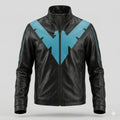 Men's Black Original Leather Jacket with Blue Chevron - Premium Superhero Inspired Racer Jacket